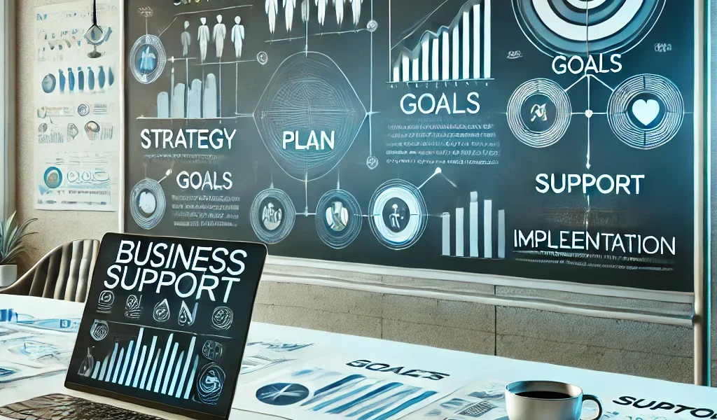 Dall·e 2025 01 24 20.29.21 A Professional And Visually Appealing Business Support Plan Concept. The Image Features A Modern Desk Setup With A Laptop Displaying Charts And Graphs (1)