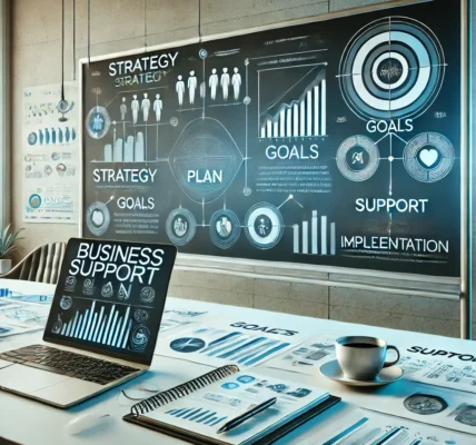 Dall·e 2025 01 24 20.29.21 A Professional And Visually Appealing Business Support Plan Concept. The Image Features A Modern Desk Setup With A Laptop Displaying Charts And Graphs (1)