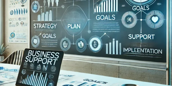 Dall·e 2025 01 24 20.29.21 A Professional And Visually Appealing Business Support Plan Concept. The Image Features A Modern Desk Setup With A Laptop Displaying Charts And Graphs (1)