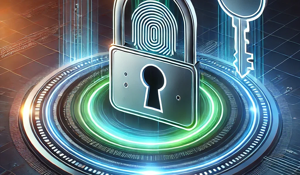 Dall·e 2025 01 25 19.35.00 A Sleek And Modern Passkey Illustration Representing Secure Digital Access. The Design Features A Glowing Biometric Fingerprint Scanner, A Shining Key
