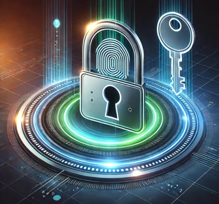 Dall·e 2025 01 25 19.35.00 A Sleek And Modern Passkey Illustration Representing Secure Digital Access. The Design Features A Glowing Biometric Fingerprint Scanner, A Shining Key