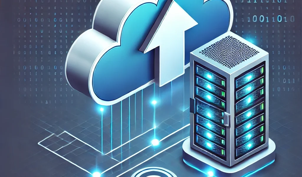Dall·e 2025 01 25 19.42.33 A Modern Illustration Representing Data Backup. The Image Features A Cloud With An Arrow Pointing Upward, Symbolizing Cloud Storage, Connected To A Fu