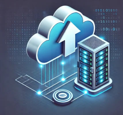Dall·e 2025 01 25 19.42.33 A Modern Illustration Representing Data Backup. The Image Features A Cloud With An Arrow Pointing Upward, Symbolizing Cloud Storage, Connected To A Fu
