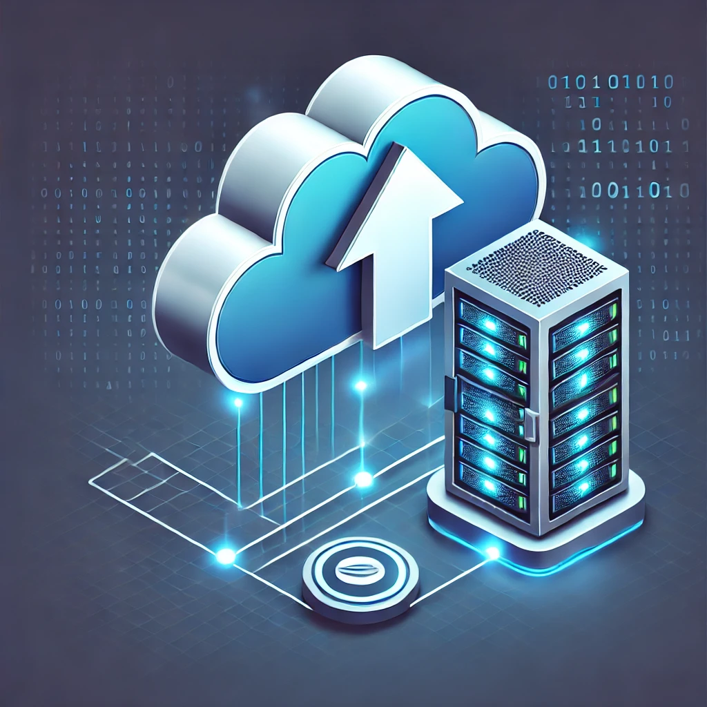 Dall·e 2025 01 25 19.42.33 A Modern Illustration Representing Data Backup. The Image Features A Cloud With An Arrow Pointing Upward, Symbolizing Cloud Storage, Connected To A Fu