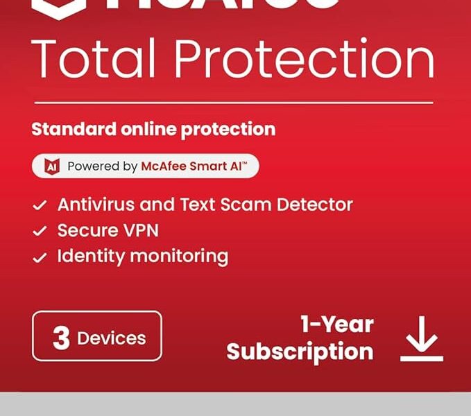McAfee Total Protection 3-Device 2025 |15-Months |Antivirus, Secure VPN |Includes Security Software, Password Manager, Identity Monitoring | Digital download